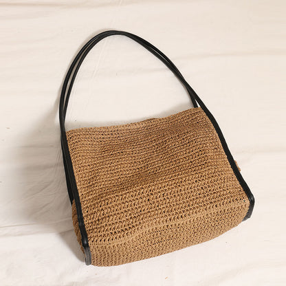 French Large Capacity Straw Bag Niche Solid Color Straw Bag Woven Bag Women Vacation Beach Bag Shoulder Bag - Wanita Store
