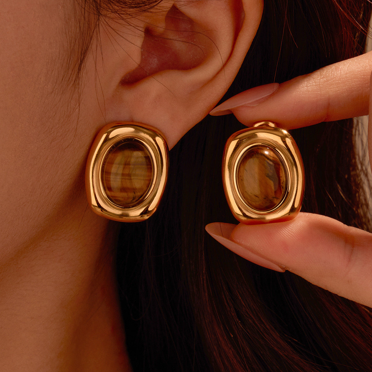 French Old Money Tigereye Oval Earrings Women Atmosphere Elegance Retro Earrings Earrings - Wanita Store