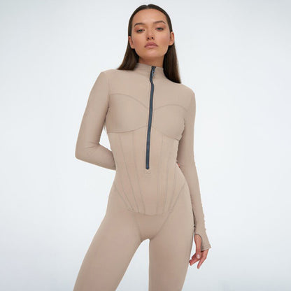 Women Clothing Sexy Tight Zipper Jumpsuit Autumn Long Sleeve round Neck Leggings - Wanita Store