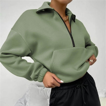Autumn Women Clothing Loose Zip Collar Long Sleeve Sweatshirt Tops - Wanita Store