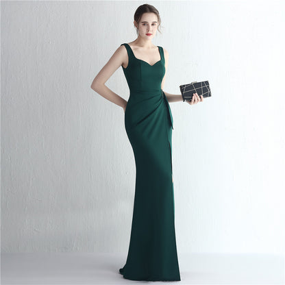 Satin Beaded Long Slit Debutante Gala Dinner Slim Fit Fishtail Dress Wedding Car Model Exhibition Dress - Wanita Store