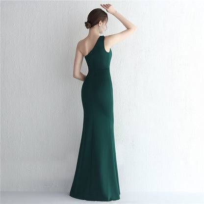 Satin Slim Fit One Shoulder Long Debutante Gala Dinner Slimming Fishtail Wedding Car Model Exhibition Dress - Wanita Store