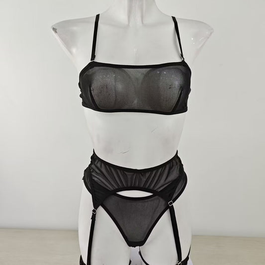 Sexy Translucent Solid Color Mesh Three Bikini Sexy Lingerie Set