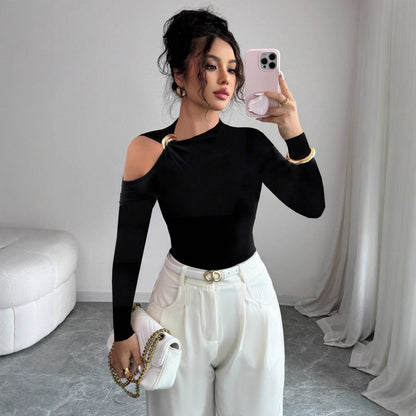 Autumn Winter Asymmetric Collar One Side off Shoulder Metal Decoration Slim Fit Slimming Top - Wanita Store