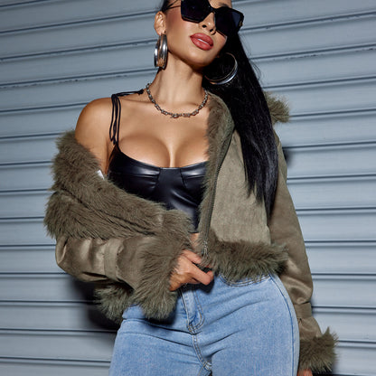 Suede Short Coat Women Fall Winter Jacket Motorcycle Clothing Women - Wanita Store
