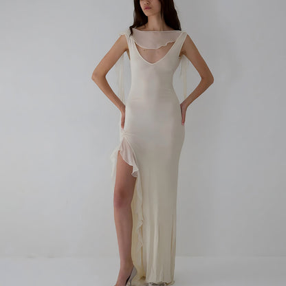 Summer Elegant Ribbon Women Dress Sexy Backless High Slit Ruffled Slim Dress - Wanita Store