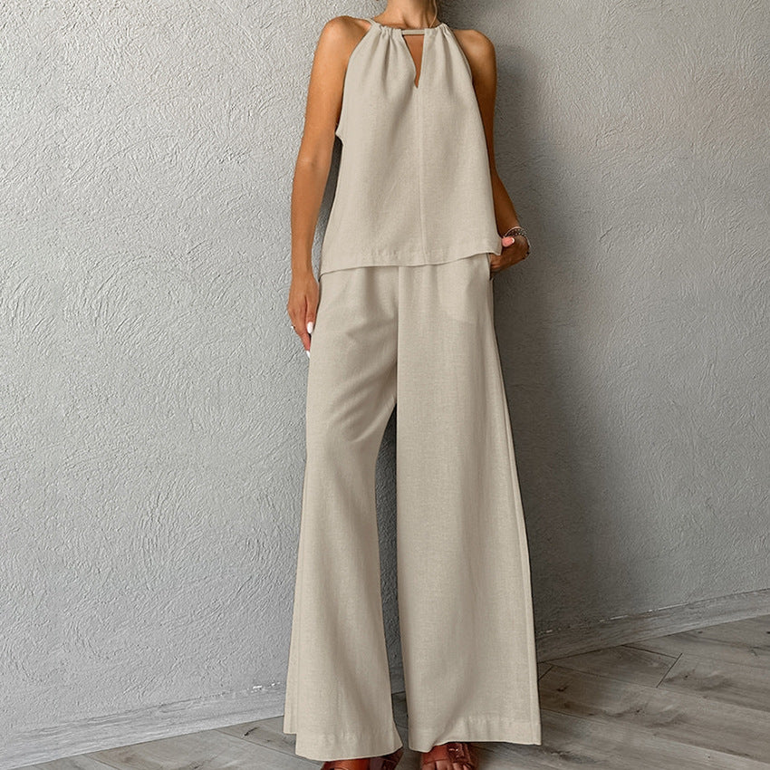 Khaki Cotton Linen Hollow Out Cutout out Tied Sleeveless Halter Vest Wide Leg Pants Set Spring Summer