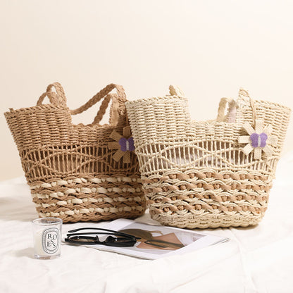 One Shoulder Hollow Out Cutout out Straw Bag Floral Contrast Color Woven Bag Vacation Beach Bag Women Bag - Wanita Store