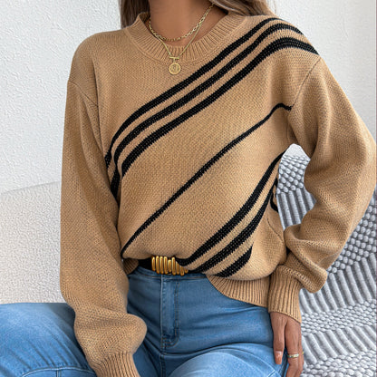 Women Clothing Autumn Winter Casual Striped round Neck Lantern Long Sleeve Pullover - Wanita Store