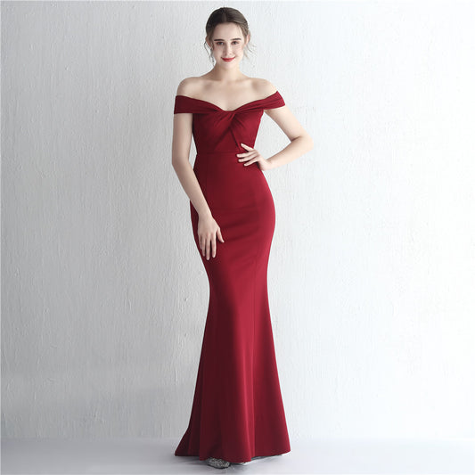 Satin Slim off Shoulder Long Debutante Gala Dinner Slimming Fishtail Wedding Car Model Show Dress