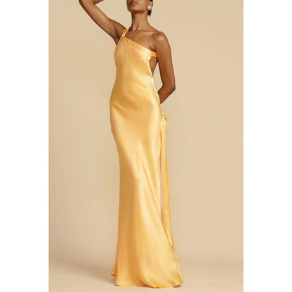 Spring Summer Party Slim Fit Oblique Shoulder Dress Casual Satin Dress - Wanita Store