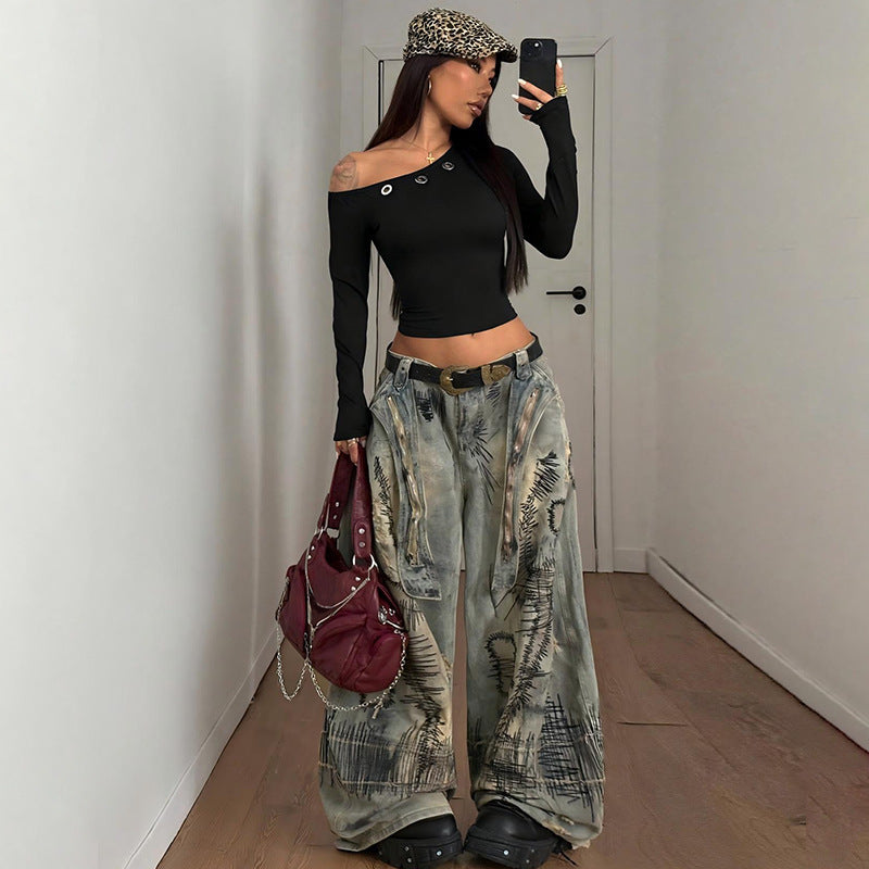 Winter One Shoulder Cold Shoulder Corns Solid Color Cropped Exposed Pullover Upper Clothes Long Sleeves T shirt