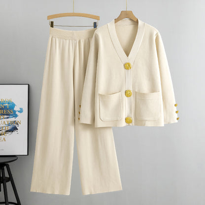 Casual Two Piece Set Women Autumn Winter Wild Metal Buckle Knitted Cardigan Sweater Wide Leg Pants Set - Wanita Store