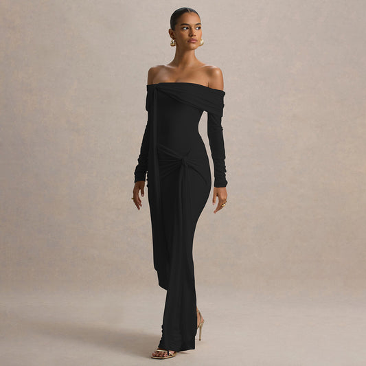 Elegant Tube Top off Neck Ribbon Dress Pleated Slim Fit Dress