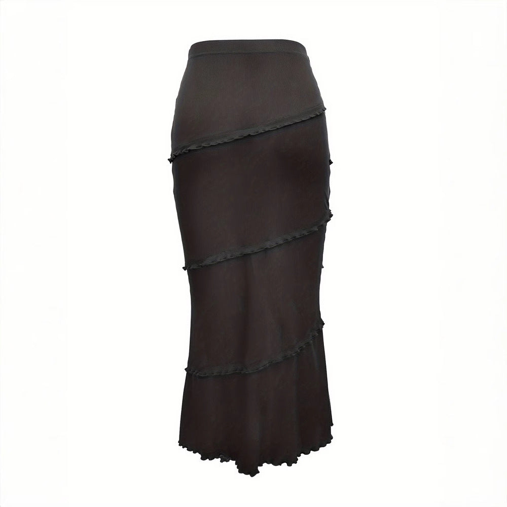 Skirt Black Autumn Winter Women Clothing Solid Color Multi Layer Stitching Wooden Ear Knitted Fishtail Skirt Step by Step Lotus