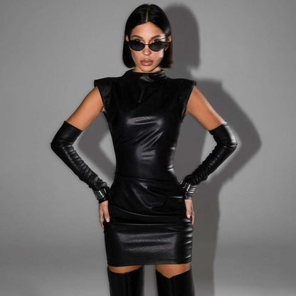 Women Clothing Street Hipster Faux Leather Stand Collar Sleeveless Oversleeve Sheath Pleated Dress - Wanita Store
