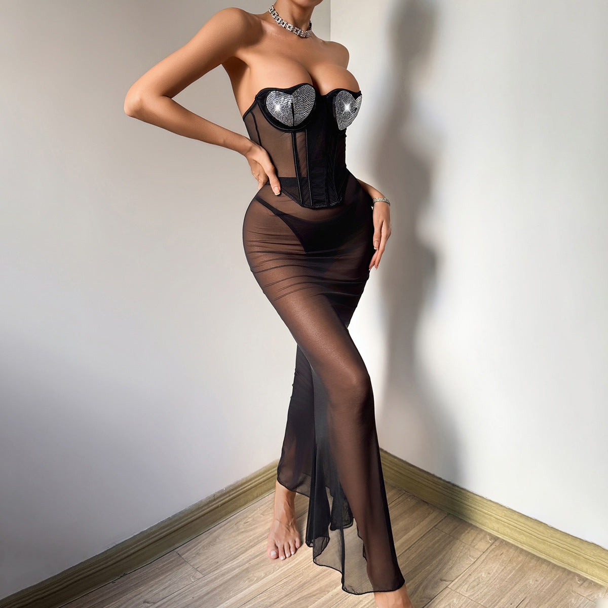 Bright Diamond Body Shaping Boning Corset Tube Top with Sexy Perspective Mesh Sheath Fishtail Skirt Three Piece Sets