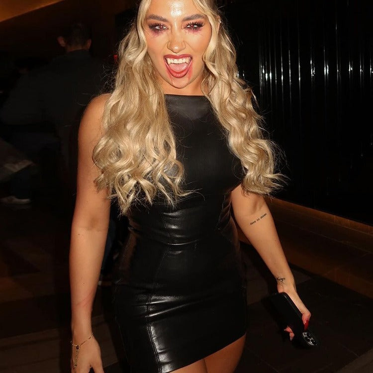 Women Clothing Spring Summer Faux Leather Sleeveless Sheath Slim Fit Slimming Elegant Dress