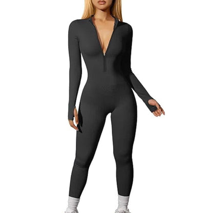 Women Sports Jumpsuit Workout Ribbed Long Sleeve Zipper Casual Jumpsuit Trousers Tight - Wanita Store
