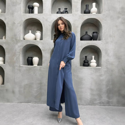 Women Clothing Multi Button Long Sleeve Split Stand Collar Shirt Casual Straight Pants Two Piece Set