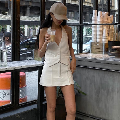 Women Clothing Summer Sexy Small Suit Faux Pocket Halterneck Vest A Line Skirt Set Women - Wanita Store