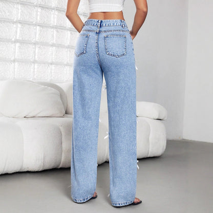 Bow Ribbon Women' Four Seasons Women Wide Leg Denim Trousers - Wanita Store