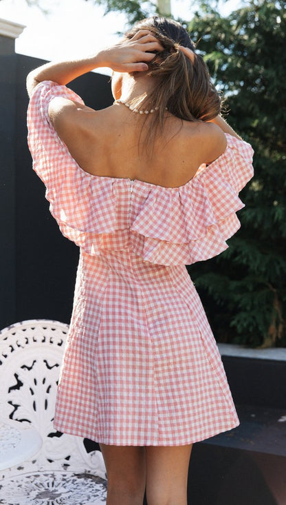 Women Clothing New Plaid off-Shoulder Ruffled Collar Show Fashion Dress - Wanita Store