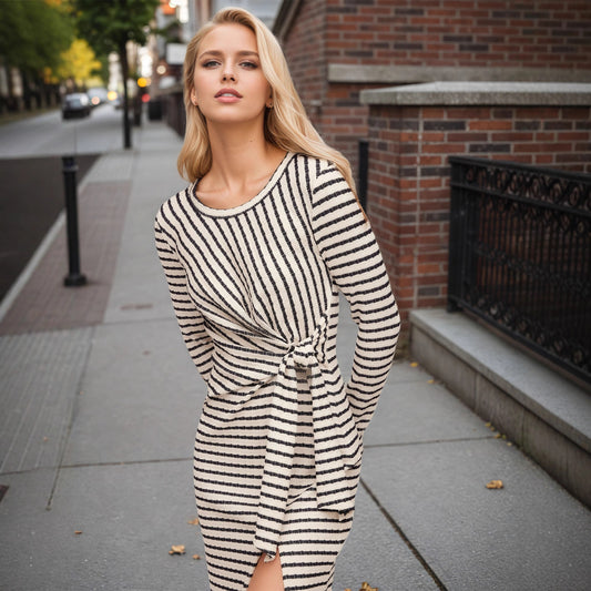Striped Waist Twist Waist Controlled Slim Fit Slimming Split round Neck Dress