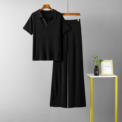 Women Clothing Polo Collar Pullover Short Sleeve Top Slimming Solid Color Wide Leg Trousers Knitted Suit - Wanita Store