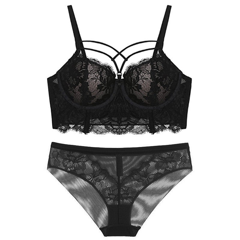 Popular Strap Design Push up Sexy Underwear Women Side Drawing Upper Support Lace Bra Bra Set