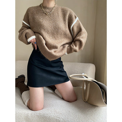 French Fashionable Simple High Waist Half Length A line Leather Skirt Short Skirt Hip Skirt Autumn Winter - Wanita Store