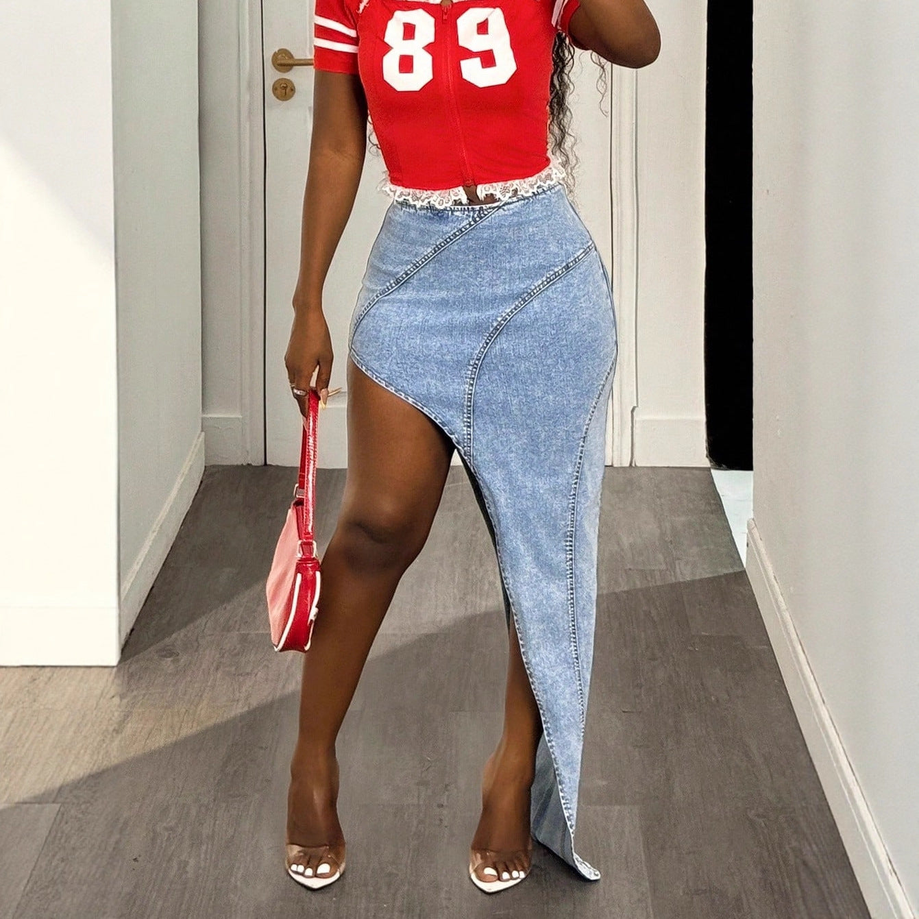 Women Fashionable Irregular Asymmetric Stretch Denim Skirt