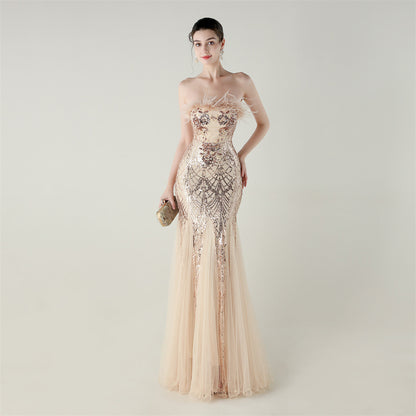 Sequin Beaded Tube Floral Ostrich Feather Tube Top Cross Strap Mesh Fishtail Evening Dress Cocktail Wedding - Wanita Store