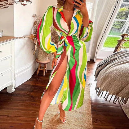 Women Clothing Autumn Sexy Slit Lace up Waist Controlled V neck Shirt Elegant Dress Women - Wanita Store