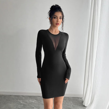 Spring Summer Ladies Solid Color Mesh Stitching Chest Design Long Sleeve Slim Fit Dress - Wanita Store
