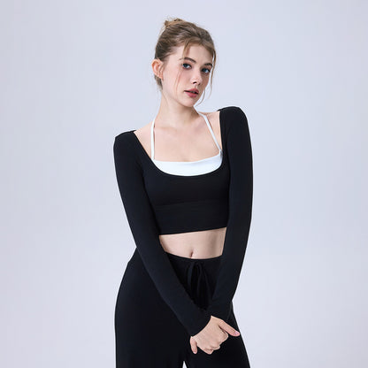 Nude Feel Contrast Color Yoga Clothes Long Sleeve Semi Fixed Cup Running Slim Sports Bra Breathable Workout Clothes Top - Wanita Store