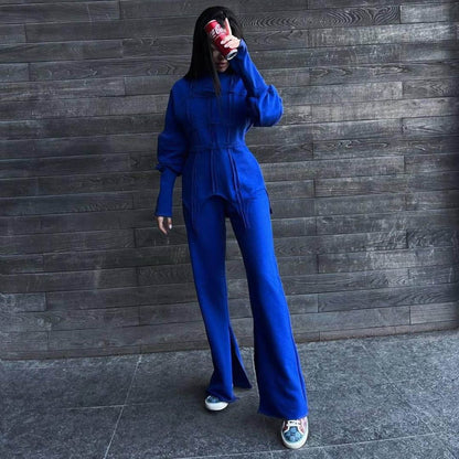 Solid Color Hoodie sets Round Neck Pullover Top Split Straight Pants Casual Two Piece sets - Wanita Store