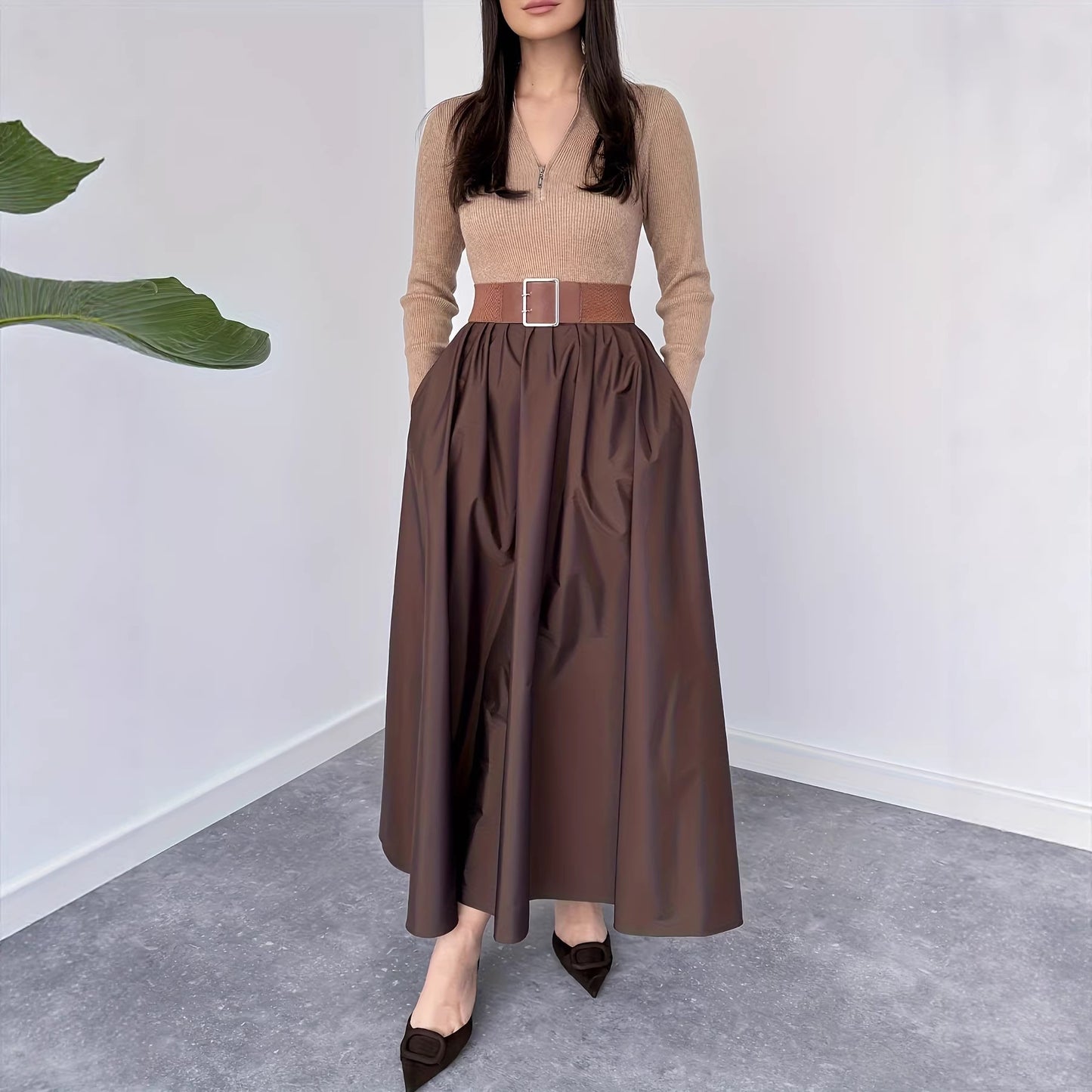 Vestido de manga larga Hepburn francés negro, vestido con cuello en V para principios de otoño