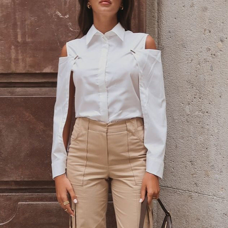 Women Clothing Design Detachable Long Sleeve White Blouse Spring Autumn Cotton Collared off Shoulder Shirt - Wanita Store