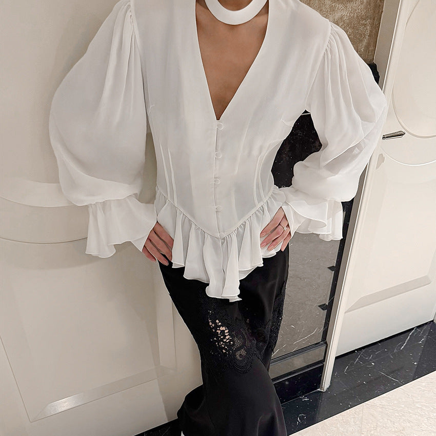 Palace Design Ruffled Long Sleeved Shirt Spring Autumn Elegant High Grade Top Women - Wanita Store