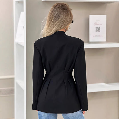 Women Clothing Autumn Elegant Slim Fit Abdomen Control Black Office Design V neck - Wanita Store