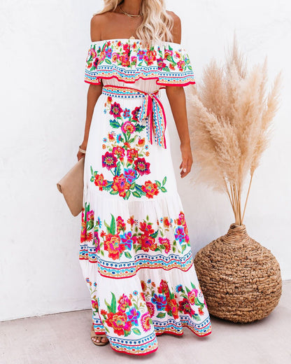 Spring Summer off Shoulder Red Floral Printed Long Large Hem Dress - Wanita Store