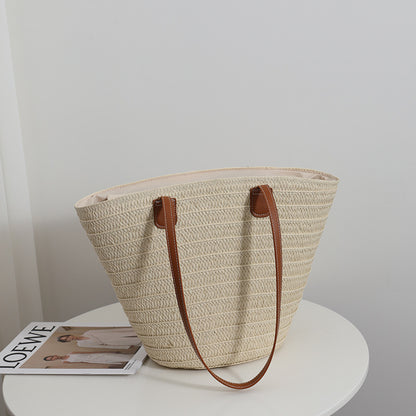 Simple Shoulder Straw Bag Large Capacity Straw Bag Woven Bag Tote Bag Women Seaside Vacation Beach Bag - Wanita Store