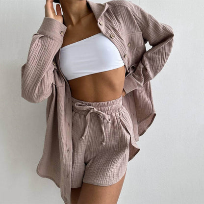 Women Clothing Spring Collared Loose Shirt High Waist Shorts Two Piece Set Casual Set - Wanita Store