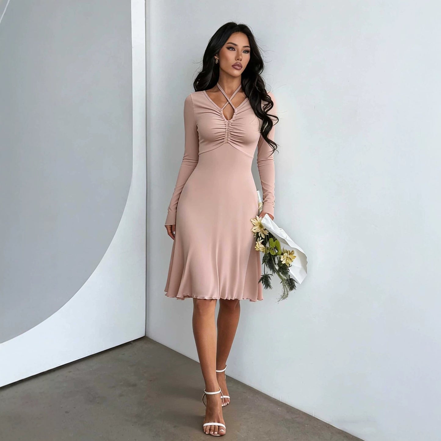Gentle Halter Cross Dress Tight Waist Slimming Flounce Office Midi Dress