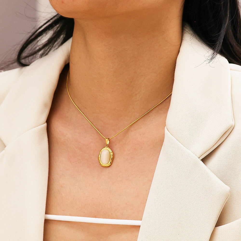 Sweater Chain High Grade Clavicle Chain Retro Cymophanite Oval Embellished Titanium Steel Necklace Accessories - Wanita Store
