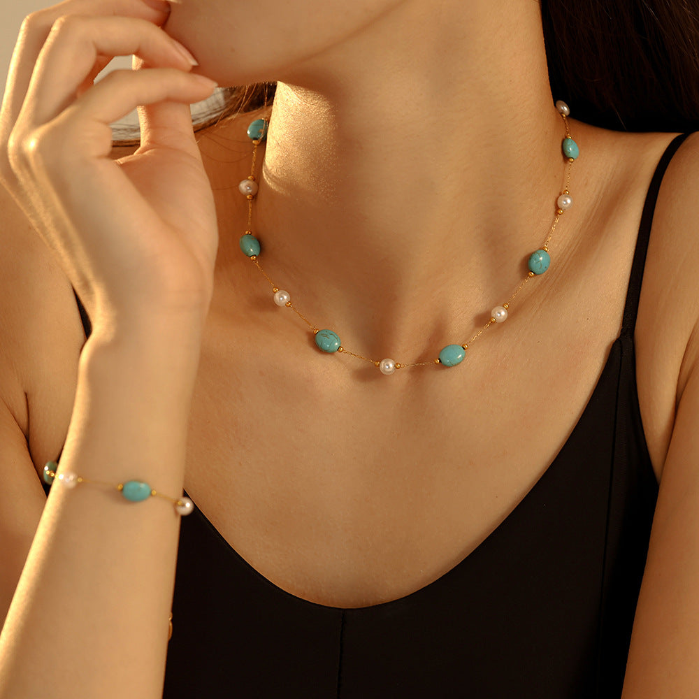 Niche Natural Turquoise Imitation Pearl Necklace Bracelet Stainless Steel Light Luxury Elegant Outfit - Wanita Store