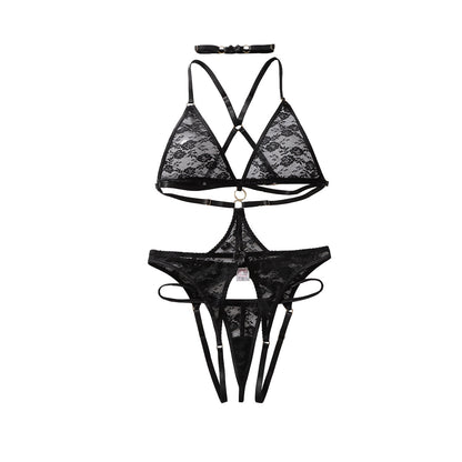 Floral Bud Decoration See through Floral Lace Hollow Out Cutout Cross Underwear Stitching Sexy T Back Sets