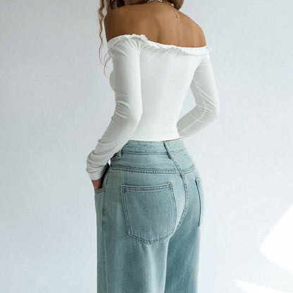 Off Shoulder Sexy T shirt Autumn Winter off Shoulder Slim Fit Crop Top Women - Wanita Store