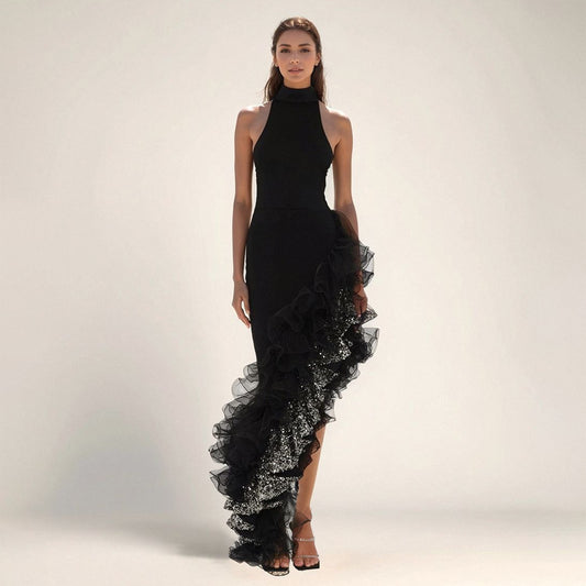 Ruffled Black Mesh Asymmetric Dress Long Party Sexy Cocktail Bandage Dress for Women